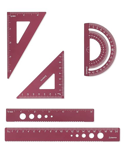 Zotemo Metal Geometry Set, 5-Piece Aluminum Ruler, Math Drafting Ruler Kit Includes Protractor, Triangle Rulers, Straight Rulers-Math Measurement Tools for School and Office Supplies (Plum Red)