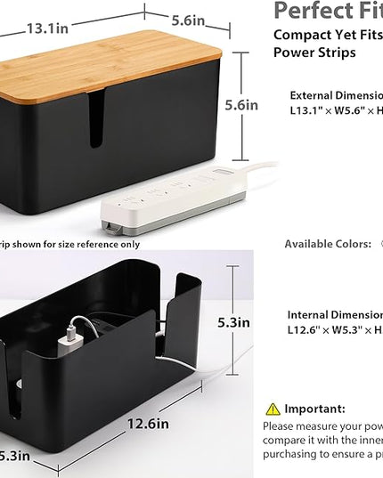 ZhiYo Bamboo Lid Cord Organizer Box, Safe ABS Cable Management Box for TV and Computer, Wood Cover Cord Hider to Hide Wires, Router, USB Hub & Under Desk Power Strip, 1 Pack L13.1 xW5.6 xH5.6 Black