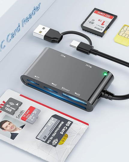 6 in 2 Multi Memory Card Reader, USB CAC Card Reader with SDHC/SDXC/SD Card Reader & Micro SD Card Adapter, Smart Card Reader for SIM, MS, M2, MMC RS & 4.0 for Windows, Linux, Mac OS