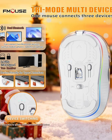 White Transparent Wireless Mouse with Cute Santa Doll, Dual Receivers (USB & Type-C), Tri-Mode Bluetooth+2.4GHz, Rechargeable Silent Portable Mice for MacBook/Laptops/PC/Office/Home