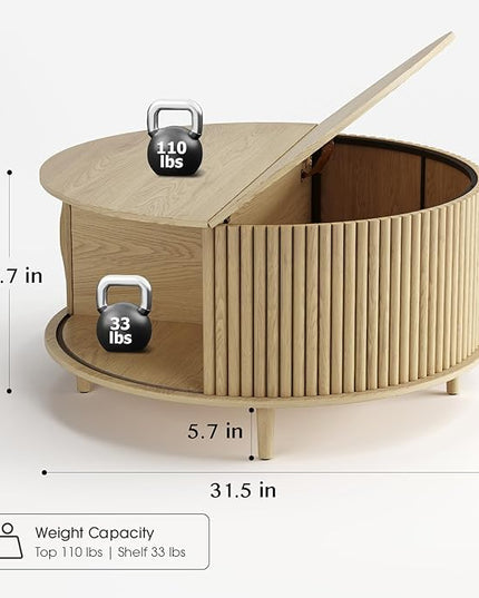 JOINICE,Round Coffee Table with Storage, 31.5" Natural Oak Fluted Center Table with Sliding Door, Modern Circle Drum Table for Living Room, Scandi Wood Furniture for Small Spaces
