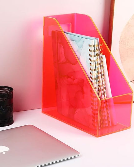 Acrylic Magazine Rack Desk File Holder Organizer for Office Desktop Vertical Magazine Storage Box, 12 x 10 x 5'', Neon Pink