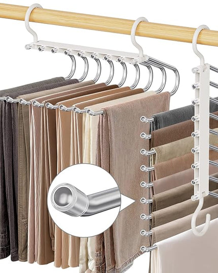 Upgrade 9 Layers Pants Hangers Space Saving, 2 Pack Pant Hangers Organizer Multifunctional Pants Rack Space Saver Closet Organizers and Storage Hangers for Pants Jeans Leggings Trousers Skirts, White
