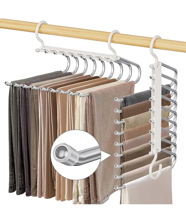 Upgrade 9 Layers Pants Hangers Space Saving, 2 Pack Pant Hangers Organizer Multifunctional Pants Rack Space Saver Closet Organizers and Storage Hangers for Pants Jeans Leggings Trousers Skirts, White
