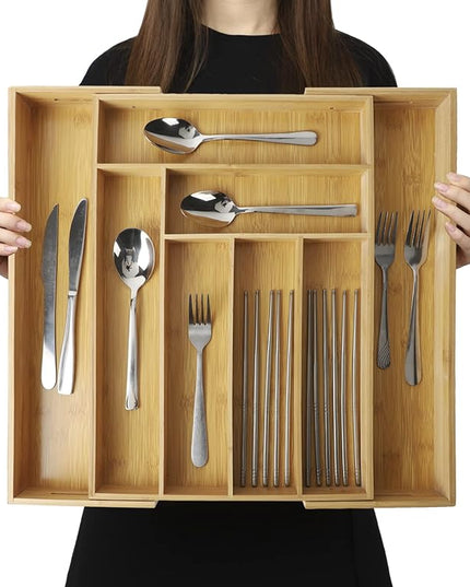 Expandable Bamboo Drawer Organizer – Large 20"x16.9" Size with Adjustable Dividers – for Kitchen Utensils, Knives, Cutlery, Flatware & Silverware Storage Tray