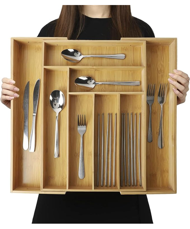 Expandable Bamboo Drawer Organizer – Large 20"x16.9" Size with Adjustable Dividers – for Kitchen Utensils, Knives, Cutlery, Flatware & Silverware Storage Tray
