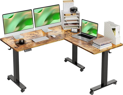Claiks Triple Motor L-Shaped Standing Desk, 63 x 55 Inch Corner Stand Up Desk, Adjustable Height with Splice Board, Black Frame/Rustic Brown Top