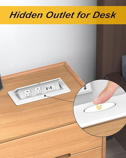UL Listed Recessed Power Strip, Pop Up Power Cover Box Desktop Socket with USB C Charging Ports, Stainless Steel Receptacle Outlet for Conference Room Countertop (White-USB C)