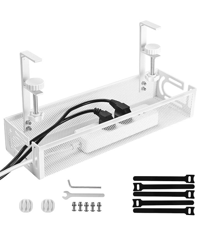 Under Desk Cable Management Tray Small – Clamp-Mounted Wire Organizer & Cord Management Under Desk Holder, No-Drill Metal Cable Tray for Home Office (White)
