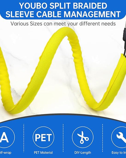 YOUBO Split Braided Cable Sleeve，Flexible Wire Loom Tubing, Automotive Cord Protector Pet Proof, Cable Management for Computer TV Electric Wires Harness 16ft (Yellow, 19mm（3/4")