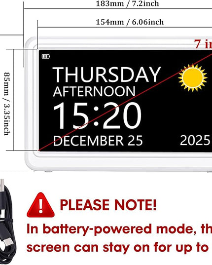 Digital Clock with Date and Day of Week, Dementia Clocks Battery Operated Alarm Clock with 20 Alarms and Medicine Reminders, 7" Large Display Rechargeable Desk Clock for Elderly Seniors Alzheimers