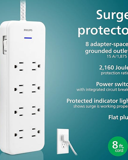 Philips EZFit 8-Outlet Surge Protector Power Strip, 8 Ft Braided Extension Cord, Widely Spaced Outlets, Flat Plug, for Home Office Dorm Essentials, 2160 Joules, White, SPP3673W/37