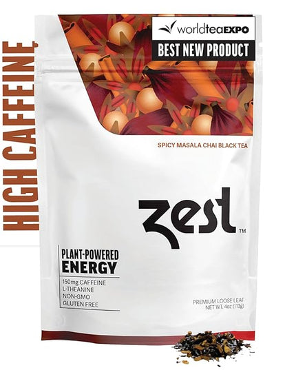 Zest Energy Black Tea - Spicy Masala Chai Loose Leaf Blend - High Caffeine Cardamom Ginger Tea with Cinnamon - Caffeinated Coffee Altnernative - Natural, Non-GMO & Keto - 50 Servings - 150mg Caf