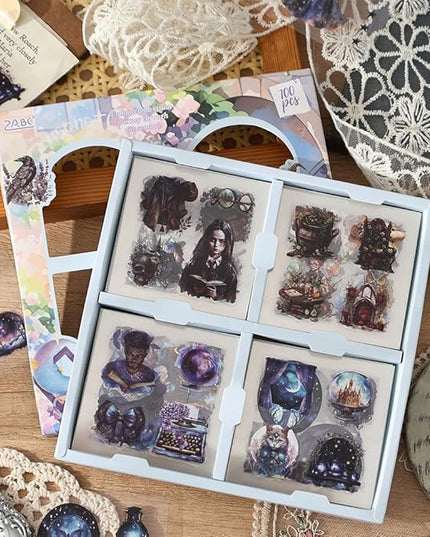 Scrapbook Stickers Set for Adults, 100 Sheets 3.1x3.1 Inches Diecut Dark Academia Theme, Clear PET Stickers for Junk Journaling Supplies, Collage, Scrap Booking, DIY Crats Arts Decorative