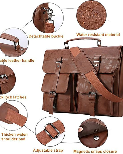 Seyfocnia Leather Messenger Bag for Men, Vintage Leather Laptop Bag Briefcase Satchel, 17.3 Inch Computer School Work Bag (Brown)