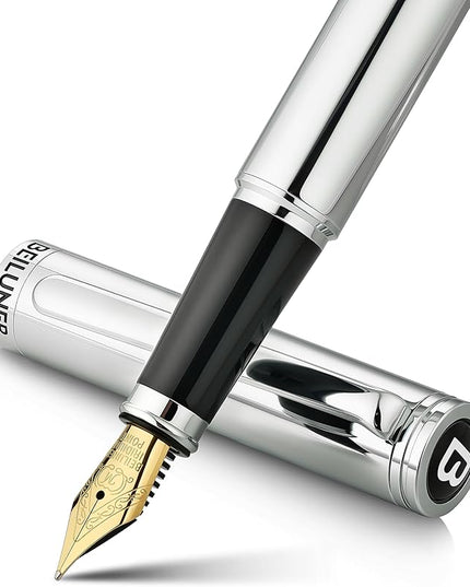 BEILUNER Silver Fountain Pen,Stunning Luxury Pens with Bright Silver Chrome, Gorgeous 24K Gilded Nib(Medium), Fancy Pen Gift for Men&Women -Ink Converter-Elegant, Office,Nice Pen for Writing