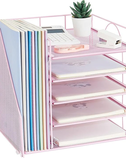 LEKETREE Desk Organizers and Accessories, 5-Tier Paper Letter Tray Organizer with File Holder, Desktop Organizer for Office Supplies (Pink)