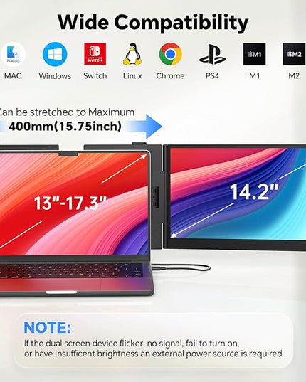 POTTMACEE 14.2" Laptop Screen Extender, 0.17" Ultra-Thin FHD 1080P IPS Portable Monitor for Laptop, Dual Screen Travel Monitor Extender, Plug-Play for Windows/Mac/Chrome, Fit 13”-17.3” Laptops