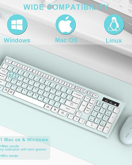 Wireless Keyboard and Mouse Combo, Full-Sized Wireless Keyboard and Adjustable DPI Mouse, 2.4GHz USB Receiver, Keyboard and Mouse for PC, Windows, Desktop, Laptop (Mint Green and White)