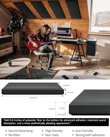 Moukey Acoustic Panels 4 PCS, 2.4“ Thick Fiberglass Soundproof Wall Panels 24''x12'', Self-adhesive Sound Absorbing Panels for Studios, Office, Home Theater (Black)