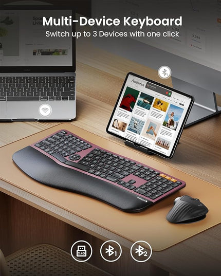 ProtoArc Backlit Bluetooth Ergonomic Keyboard, EK01 Plus Full Size Wireless Split Keyboard with Dual Bluetooth and USB, Cushioned Wrist Rest, Rechargeable, Compatible with Windows/Mac, Wine Red