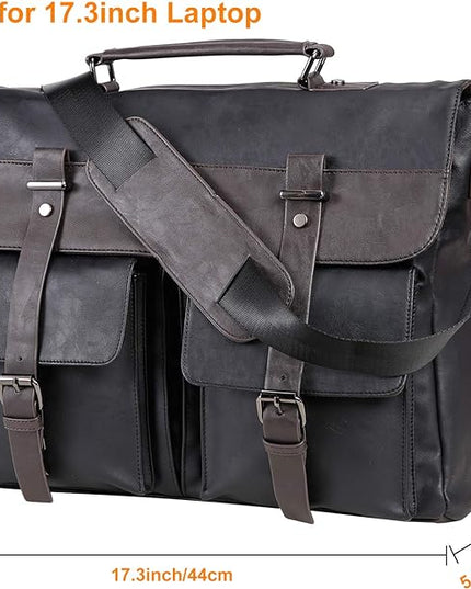 seyfocnia Men's Vintage Black 17.3 Inch Water Resistant PU Leather Laptop Bag, Messenger Bag, Satchel, Briefcase