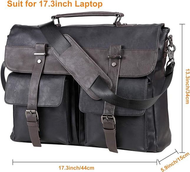 seyfocnia Men's Vintage Black 17.3 Inch Water Resistant PU Leather Laptop Bag, Messenger Bag, Satchel, Briefcase