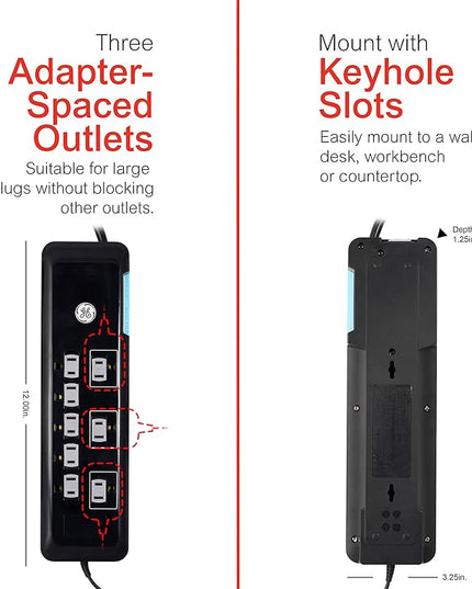 GE UltraPro 8 Outlet Surge Protector with USB Charging Dock, 2 USB Ports, 2160 Joules, 4' Cord, Black, 34117