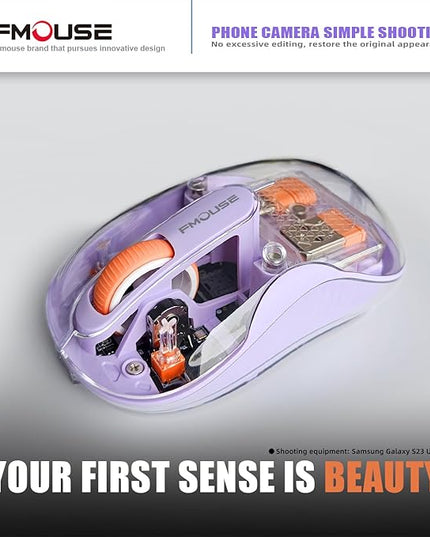 Stunning Transparent Wireless Mouse, Dual Bluetooth & 2.4GHz for Multi Device, USB-C Receiver Ideal for MacBook/Laptops, Rechargeable, Cool LED, Silent, for Girls & Small Hands - Purple