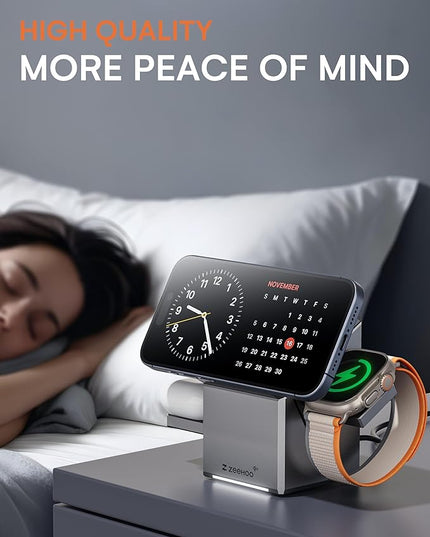 ZEEHOO 3 in 1 Charging Station for Apple, iPhone Mag-Safe Charger, Qi2 Certified, Rotating Wireless Charger Stand for iPhone 17,16,15,14,13,12 Series, Apple Watch, AirPods (USB-C Charger Included)