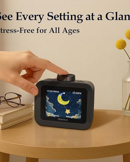 Dekala AuraDot White Noise Sound Machine for Sleep Temperature Humidity Monitor, 30 Non-Loop Soothing Sounds, Timer/Play All Night, Animationed Sleep Screen, 7-Day Programmable 4 Alarm Clock Black