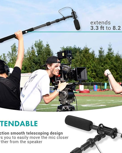 Movo CMP-25 Microphone Boom Pole with Integrated Microphone Cable for XLR Microphones - 8.2' ft Adjustable Telescoping Extension Pole