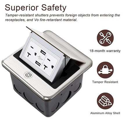 Vagueior Recessed Floor Electrical Outlet Kit,Waterproof Electrical Outlet Covcer Box,Hidden 4.8A USB+20A Tamper-Resistant Receptacle Outlet with Slow Elastic Damping，ETL Certified,Stainless Steel
