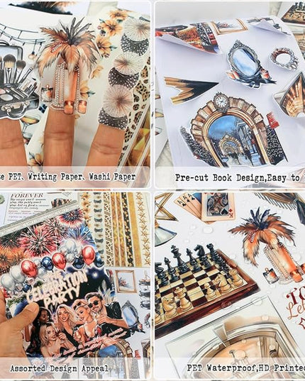 Dwpetzo Celebration Party Scene Scrapbook Sticker Book for Scrapbooking, 20 Sheets Pre-Cut PET Paper Washi Stickers for Journaling, Junk Journal Supplies, Craft Arts, Albumn, Bujo