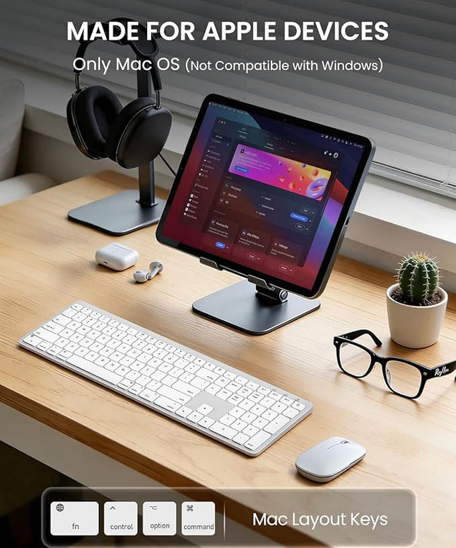 SABLUTE Bluetooth Keyboard and Mouse for Mac — 7-Color Backlit, Multi-Device, Rechargeable, Full-Size Wireless Keyboard Mouse Combo with Quiet Scissor-Switch Keys & Tilt Legs for Mac (Silver White)