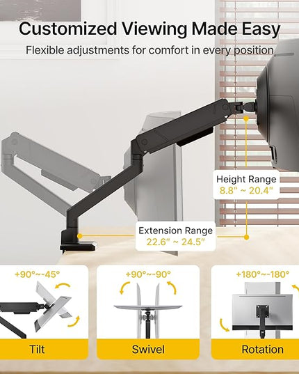 monTEK Single Monitor Arm for Max 45 Inch Ultrawide Screens Adjustable Monitor Desk Mount Holds 35 Lbs Cable Management with Clamp/Grommet Desk Mount, VESA 75/100mm, MA1007BK