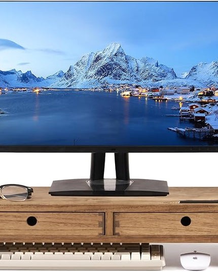 KIRIGEN Wood Monitor Stand with 2 Drawers - Computer Arm Riser Desk Storage Organizer,Speaker TV Laptop Printer Stand with Pen Slot and Cable Management,Dark Brown Desktop Shelf for Office DBR-2PMJ