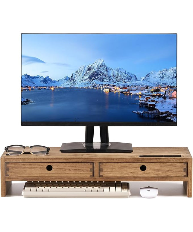 KIRIGEN Wood Monitor Stand with 2 Drawers - Computer Arm Riser Desk Storage Organizer,Speaker TV Laptop Printer Stand with Pen Slot and Cable Management,Dark Brown Desktop Shelf for Office DBR-2PMJ