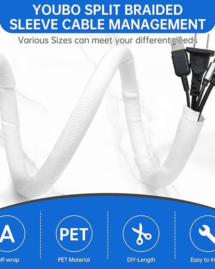 YOUBO Split Braided Cable Sleeve，Flexible Wire Loom Tubing, Automotive Cord Protector Pet Proof, Cable Management for Computer TV Electric Wires Harness 16ft (White, 10mm（3/8")