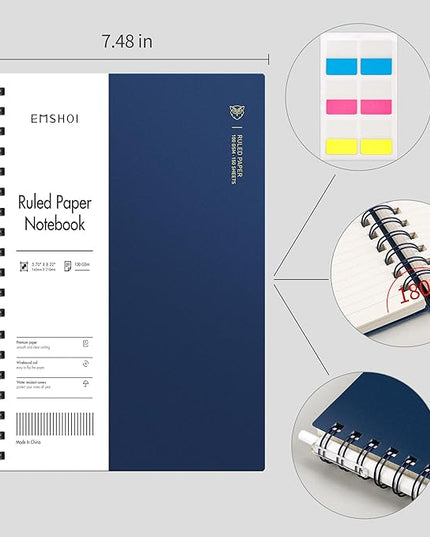 EMSHOI B5 Spiral Notebook College Ruled Lined Journal, Large 7.48" X 10.15", 300 Pages/150 Sheets, 100gsm Thick Paper, Waterproof Hardcover, for Office School Women Men Work Writing Notes, Blue
