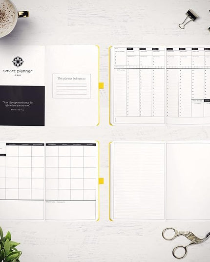 Smart Planner Pro – Undated Daily Planner – Small A5 – Achieve Goals & Increase Productivity – Weekly, Monthly, Work Sections, Organizer Diary with Back Pocket, 3 Satin Bookmarks & Pen Holder
