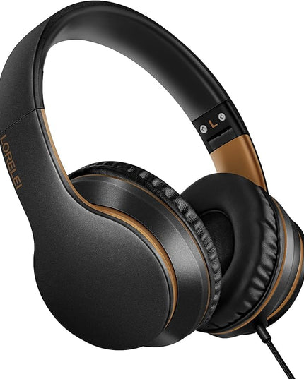 LORELEI X6 Over-Ear Headphones With Microphone, Lightweight Foldable & Portable Stereo Bass With 1.45M No-Tangle Wired for Smartphone Tablet MP3/4 (Black-Gold)