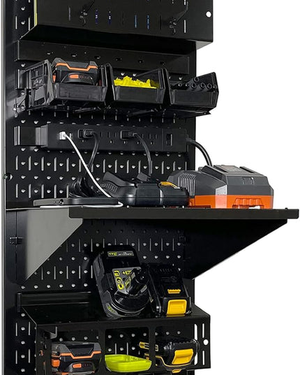 Wall Control Power Tool Storage Organizer Kit Cordless Drill Holder Charging Station Rack 16” x 32” Metal Pegboard Organization System (Black Pegboard)