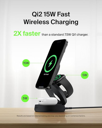Belkin MagSafe Charger Compatible, 3-in-1 Qi2 15W Wireless Charging Station, Convertible Wireless Charger for iPhone 17, Apple Watch, AirPods, Pixel 10, Phone Stand for Travel w/ 36W Adapter - Black