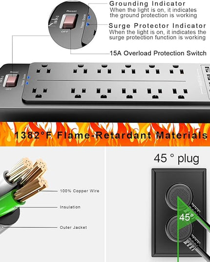 Power Strip, Nuetsa Surge Protector with 12 Outlets and 4 USB Ports, 6 Feet Flat Plug Extension Cord (1875W/15A) for for Home, Office, Dorm Essentials, 2700 Joules, ETL Listed (Black)
