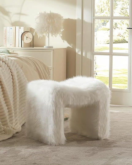 Vanity Stool Chair Small Footstool Ottoman Faux Fur Seating Backless Modern Foot Rest Ottoman Furry for Makeup Room Living Room Bedroom Entryway,White (Single 1)