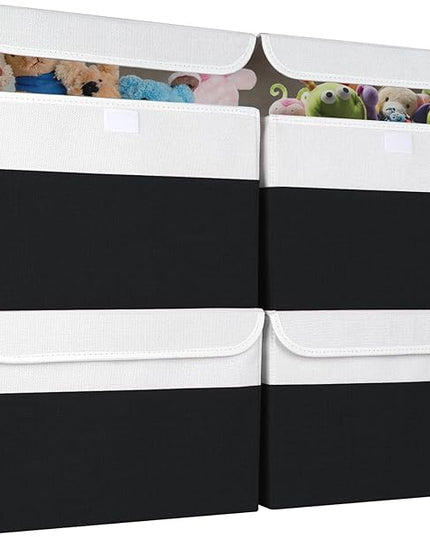 Large 22 Quart Linen Fabric Foldable Storage Bin Cube Organizer Basket with Flip-Top Lid & Handles, Clothes Blanket Box for Home, Office, Closet, Black & White, 4 Pack 14.6 x 9.5 x 9.5