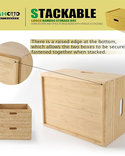 BAMOTTO Lidded Bamboo Storage Bins & Box/Cube/Basket, Home Kitchen and Office Storage Boxes with Handles & Stackable for Organizer Tableware, Clothing, Toys, Office Shelf Books, 14.6”x10.2”x6.5”