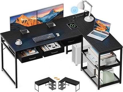 AODK 53 Inch L Shaped Computer Desk with Drawers, Corner Desk with Power Outlets & Reversible Storage Shelves, for Home Office Gaming, Black