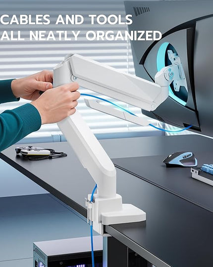 ARES WING Single Monitor Arm, Heavy Duty Adjustable Monitor Arm for 13"-49" Screens with USB, Gas Spring Desk Mount Stand with C Clamp/Grommet Mounting Base up to 40lbs Computer, White